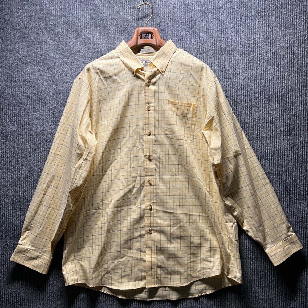 LL Bean Button Down Shirt Mens XL Tall Yellow Tattersall Wrinkle‎ Free Cotton
